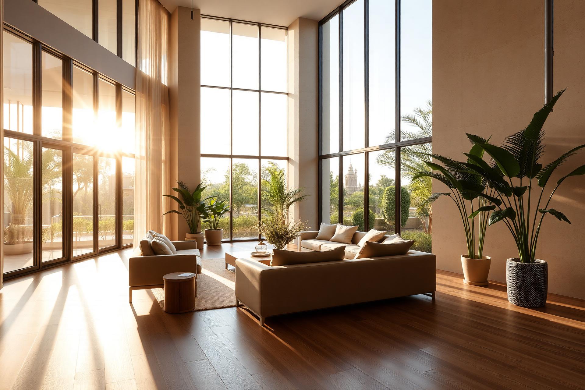 Sunlit modern Malaysian living room with floor-to-ceiling windows and warm oak floors
