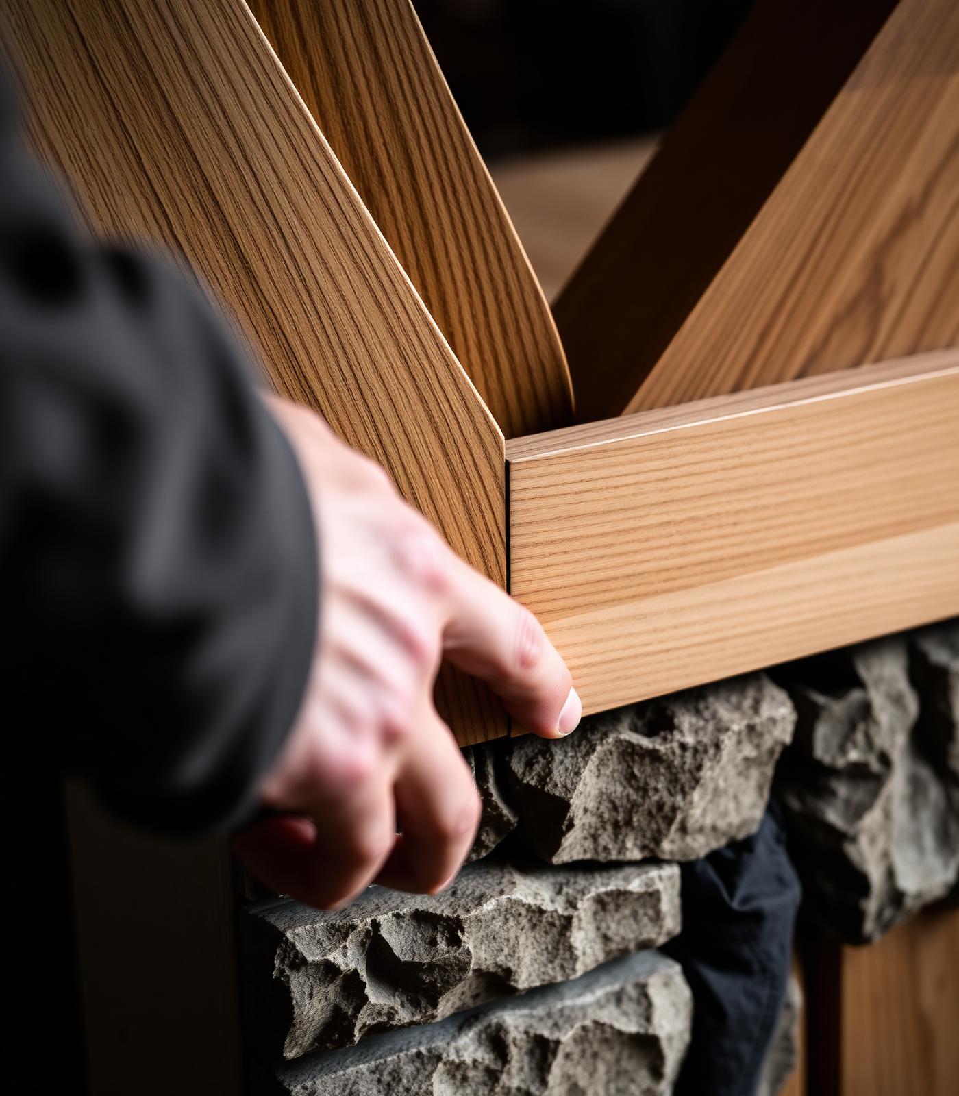 Craftsman fitting oak joinery against natural stone